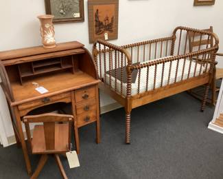VTG. HUTCH FRONT ROLL TOP SECRETARY WRITING DESK, VTG. WELLER POTTERY CAMEO ROSE DOUBLE HANDLE VASE, ANTIQUE SPOOL BABY CRIB