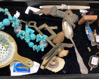 ASSORTED COLLECTIBLES, ANTIQUE GLASSES, BANGLE BRACELET, TURQUOISE NECKLACE,
