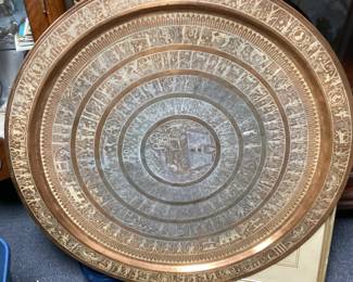 LARGE 34'' COPPER, BRASS & SILVER ASSYRIAN PERSIAN HAND CHASED FINE DETAIL ZOROASTRIAN TRAY,