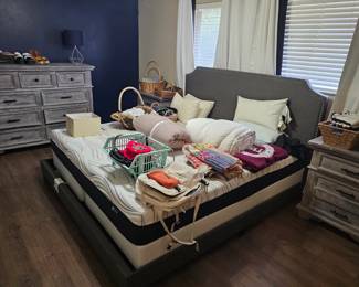 king-size bed, dresser, two night stands, linen, blankets. 