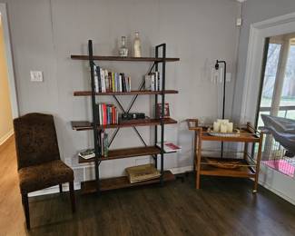 5-tier bookshelf, teacart, chair, books, games