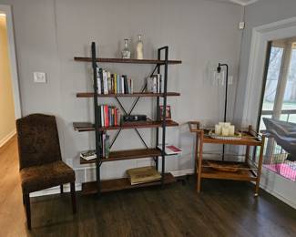 5-tier bookshelf, teacart, chair, books, games