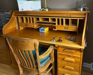 Vintage oak roll top desk, handcrafted by owner with Heywood Wakefield Vintage Desk Chair
