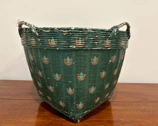 Green Wicker Basket |  Hand-painted green wicker basket with side handles. -  h. 13 x w. 18 in