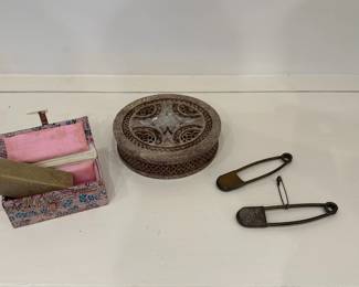 (4pc) Chinese Case & Other Items | Vintage Chinese seal in cloth-covered case for inking/signing (4 x 2.5 in.); a carved stone incense burner (w. 6 in.); and a pair of vintage brass military laundry safety pins (w. 5 in.)