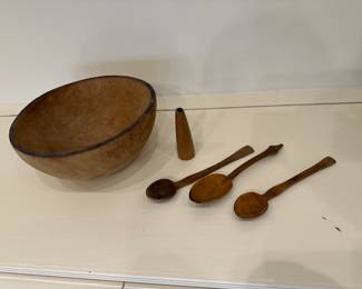 (5pc) Carved Items | Bowl: h. 5 in. x 10 in. dia
Spoons: 8.5 in.  Bud Vase: h. 5 in.