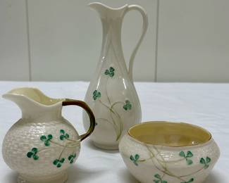 (3pc) Belleek Shamrock Leaf Pitcher | Pitcher: h. 7 in.
Creamer: h. 4 in. Sugar: h. 2.25 in.
