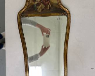 French Louis XVI Mirror | Vintage French Louis XVI style mirror with hand-painted scene of a couple in ornate gold frame. Signed by the artist. - h. 29.5 x w. 13 x d. 1 in