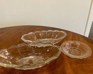 (3pc) Pressed & Depression Glass | Pressed glass serving dishes: h. 5 in. x  dia.10 in. Shallow "depression glass" bowl: dia. 5 in.