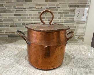 Copper Stock Pot | 
Antique copper stock pot with lid and side handles. - h. 5 x w. 6 in