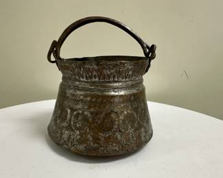 Copper Bucket | Hand-forged copper bucket with swinging handle and etched design (likely Middle East/Turkey) - h. 5.5 x dia. 6.5 in

