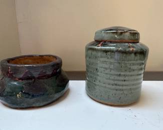 (2pc) Japanese & Other Pottery | Japanese-Inspired glazed lidded jar and handmade wide-mouth vase
Jar: h. 7 in. x 6 in. dia.
Vase: h. 4 in. x 7 in. dia.
