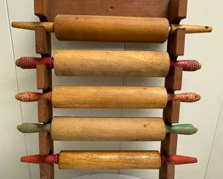 Rolling Pin Rack | Antique rolling pin rack with five rolling pins (one missing) - h. 22 x w. 18 in