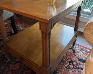 PAIR WOODEN END TABLES | Carved wood side tables with lower open shelf, on tapering square feet.
