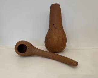(2pc) Dried Gourd Items | Spoon: l. 13 in. x w. 3 in.
Gourd: h. 12 in. x 6 in. base.
