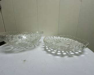 (2pc) Glass Bowl & Tray | Cut glass bowl: dia. 11 in.
Pressed glass tray: dia. 10.25 in.
