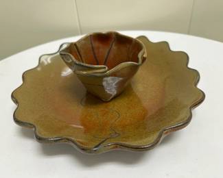 Chip & Dip Set | Hand-crafted, hand-painted ceramic chip/dip serving set. Plate: dia. 10 in.
Bowl: h. 2.5 in. x h. 4 in.
