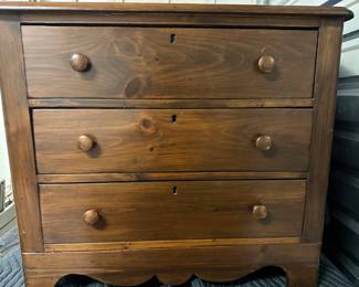 Three-Drawer Chest | Vintage wooden small three-drawer chest with wooden hardware. - h. 27.5 x w. 31 x d. 15 in