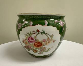Green Cachepot | Small green cachepot with hand-painted goldfish design - h. 7 x dia. 8 in