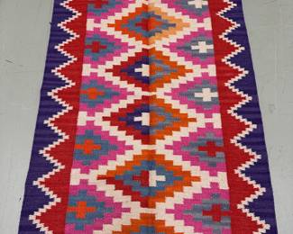 Navajo Style Rug | Navajo style patterned rug in blue, red and pink geometric shapes. - w. 33.5 x l. 60 in
