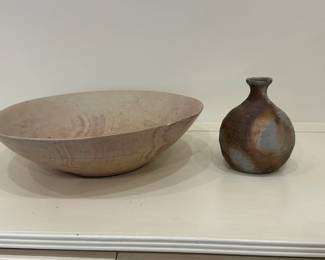 (2pc) Kenyan Bowl & Japanese Vase | Shallow bread/dough bowl (Made in Kenya) and wood-fire bloom vase (Made in Japan) Bowl: 3 in. h x 12 in. dia.
Vase: 5 in. h
