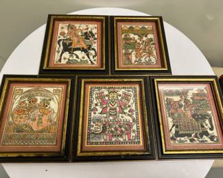 (5pc) Buddhist Wall Art | A series of 5 small framed and matted pictures (likely Indian/Buddhist)
