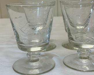 (7pc) "Ship" Motif Etched Glasses | Etched glasses with ship motif. -  h. 4.5 x dia. 3 in

