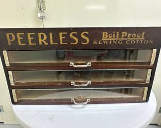Peerless Sewing Cabinet | Vintage Peerless wooden sewing/spool cabinet with drawers. - h. 8.5 x w. 17.25 x d. 16.5 in