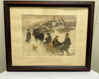 (1pc) Painting - Winter Sled | Artist painting of a winter scene, likely in Russia. Signed by artist - h. 12.5 x w. 15.5 in
