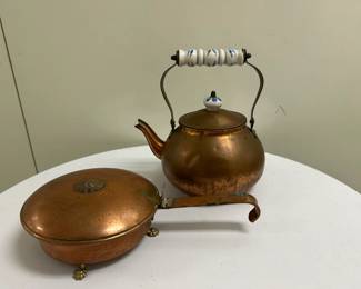 (2pc) Copper Teapot | Vintage copper teapot and a lidded, handled warmer with carved lion design.