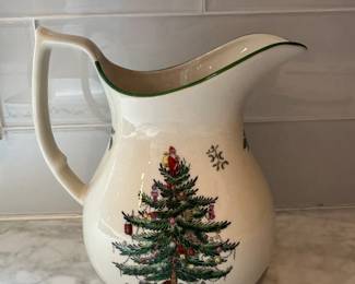 Spode Christmas Pitcher | Spode ceramic "Christmas Tree" patterned pitcher -  h. 8 x w. 7 x dia. 5 in (Spout diameter)
