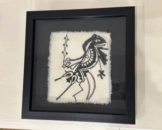 Artwork - Thread Drawing | Vintage (2007) black-and-white tribal-inspired thread drawing (quilt) in black frame. Signed by artist: "Randy Frost" - h. 10 x w. 10 in (frame)