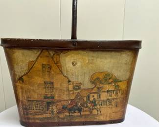 Magazine Holder | Magazine holder with a leather-like material and decoupage scene on front. - h. 17 x w. 16 x d. 8 in
