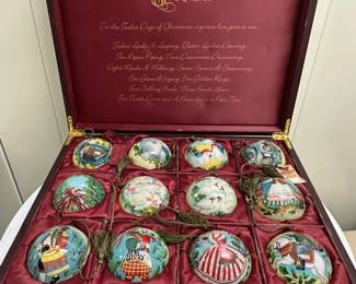 (13pc) 12 Days Ornaments | Vintage lacquered box with ornaments of the 12 days of Christmas.

