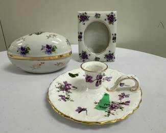 (3pc) Hammersley & Other Ceramics | Hammersley ceramic candlestick holder (1 x 5.5 in.)
 LOFT Japan ceramic lidded egg-shaped dish (5.5 x 3 in.)
Lefton China hand-painted ceramic photo frame (3.5 x 5 in.)
