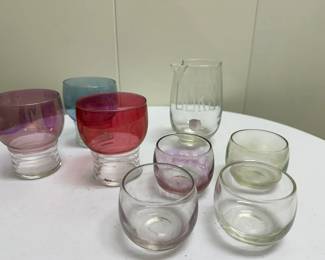 (8pc) Colorful Glass Drinking Set | Colorful glass drinking set including seven cups and a pitcher.
