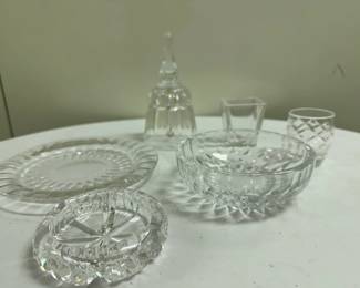 (6pc) Atlantis Crystal & Others | Vintage (1980s) "Lisbon" cut crystal dinner bell by Atlantis Crystal and other crystal items.