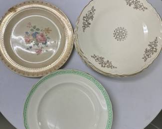 (14pc) Vintage Plates | 6 - Green trim (marked but not legible) 7 - Silver/gold inlay design (unmarked)
1 - Pink floral design (marked "French.  Saxon China 22 Karat") - dia. 9 in

