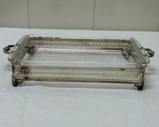 Pyrex Dish & Silverplate Holder | Pyrex glass casserole dish and silverplate footed holder with handles. - h. 3.25 x w. 18 x d. 9 in