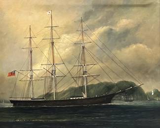 Painting - Clipper Ship | Vintage (1960's) oil-on-canvas painting of an American clipper ship in ornate frame . Signed by artist: "H. Parker" with certificate of authenticity .  Artwork measures: 20 x 23.5 in. - h. 32 x w. 36 in (frame)
