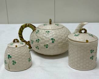 (3pc) Belleeck Shamrock Leaf Teapot | Teapot: dia. 10 in. x h. 5 in. Honey: dia. 3 in. x h. 3 in. Sugar: dia. 3 in. x h. 4.5 in.