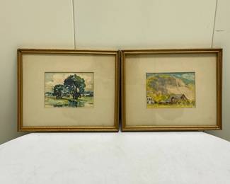 (2pc) Paintings - Rural Landscapes | Rural landscape paintings in gold frames. Signed by artist - h. 7 x w. 8.75 in 
