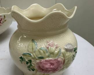 Belleek Ceramics | Belleek floral motif vase and Belleek "Country Trellis" bowl - h. 5 in

