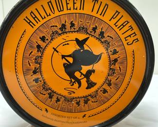 (4pc) Tin Halloween Plates | Includes Tin Box - dia. 10.25 in