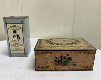 Confections Tins | Louis Sherry "New York Paris" tin box for chocolates/candies
J.B.Evans Co. "Laura's Brand Cloves" tin canister for cloves. - Louis Sherry: h. 2.5 x w. 6.25 in.
Laura's: h. 5.5 in.
