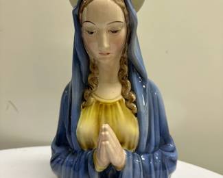 Keramos Virgin Mary | Hand-painted ceramic statue of the Virgin Mary (Made in Vienna, Austria)
Signed by the artist: "Keramos" coat of arms, and "Made in Austria No. 1633" - h. 11 x w. 5.5 in
