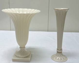 (2pc) Lenox Trumpet & Thin Vase | Wide vase: dia. 6.5 in. x h. 9 in. Skinny vase: dia. 3 in. x h. 10 in.
