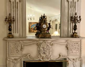 Italian Brevettato Brass & Marble Clock and matching pair of candelabras
