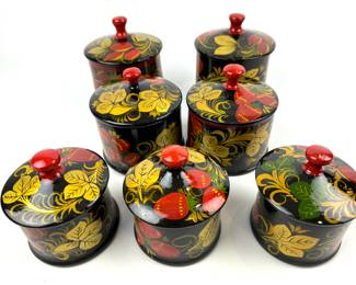 #207 • Collection of 7 Khokhloma Lacquered Boxes with Lids - Russia
