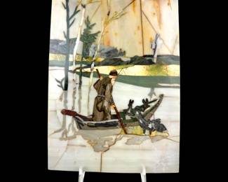 #174 • Russian Pietra Dura Inlay Stone Art Bearded Man in Boat Image
